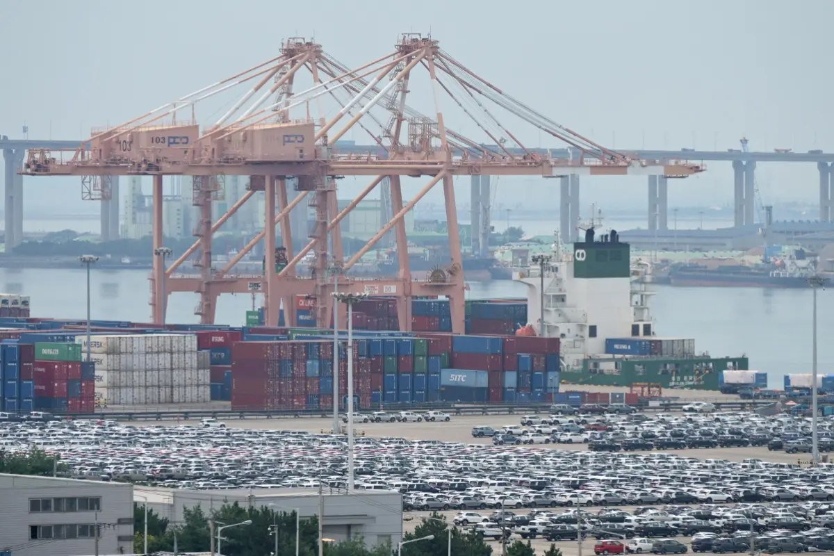 Kräne und Container im Hafen im südkoreanischen Pyeongtaek
