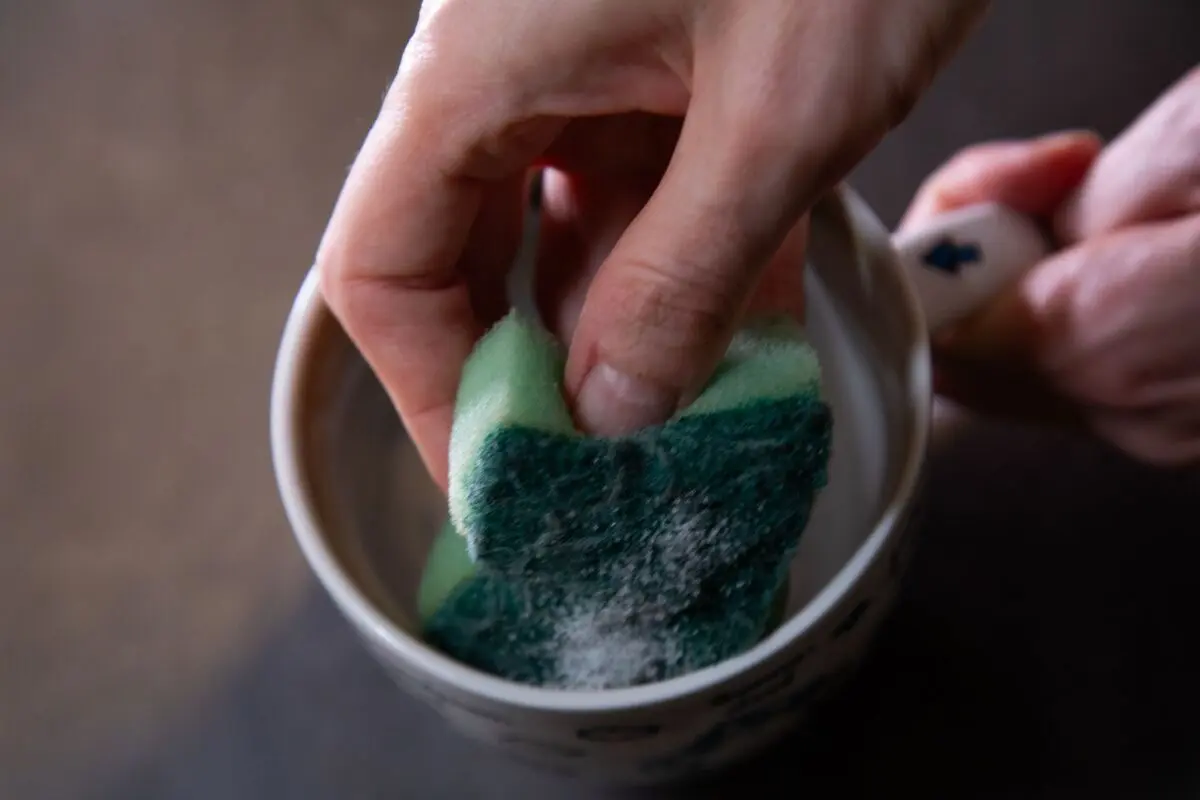 Salz auf den Schwamm streuen und die Innenseite der Tasse schrubben