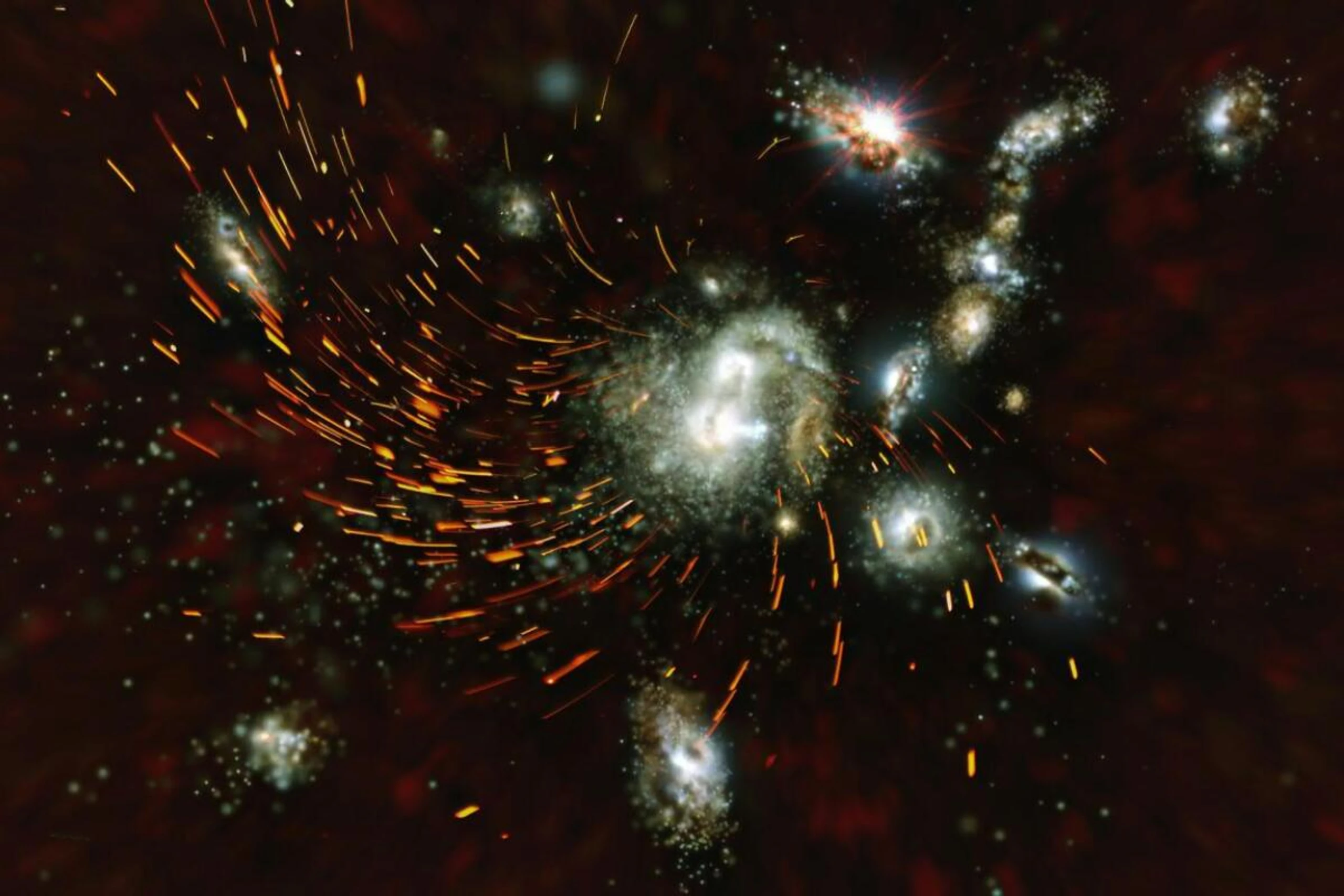 Künstlerische Darstellung des beobachteten Protoclusters mit vielen jungen Galaxien