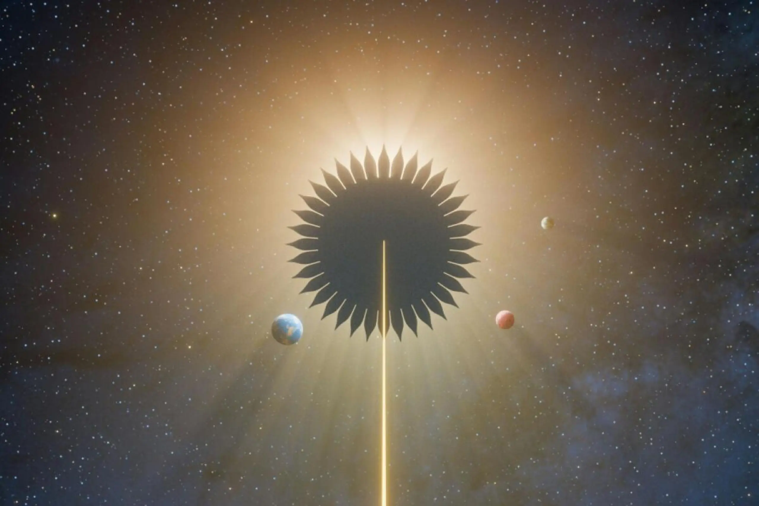 Illustration des "Sonnenschirm"-Satelliten in Kombination mit irdischem Teleskop