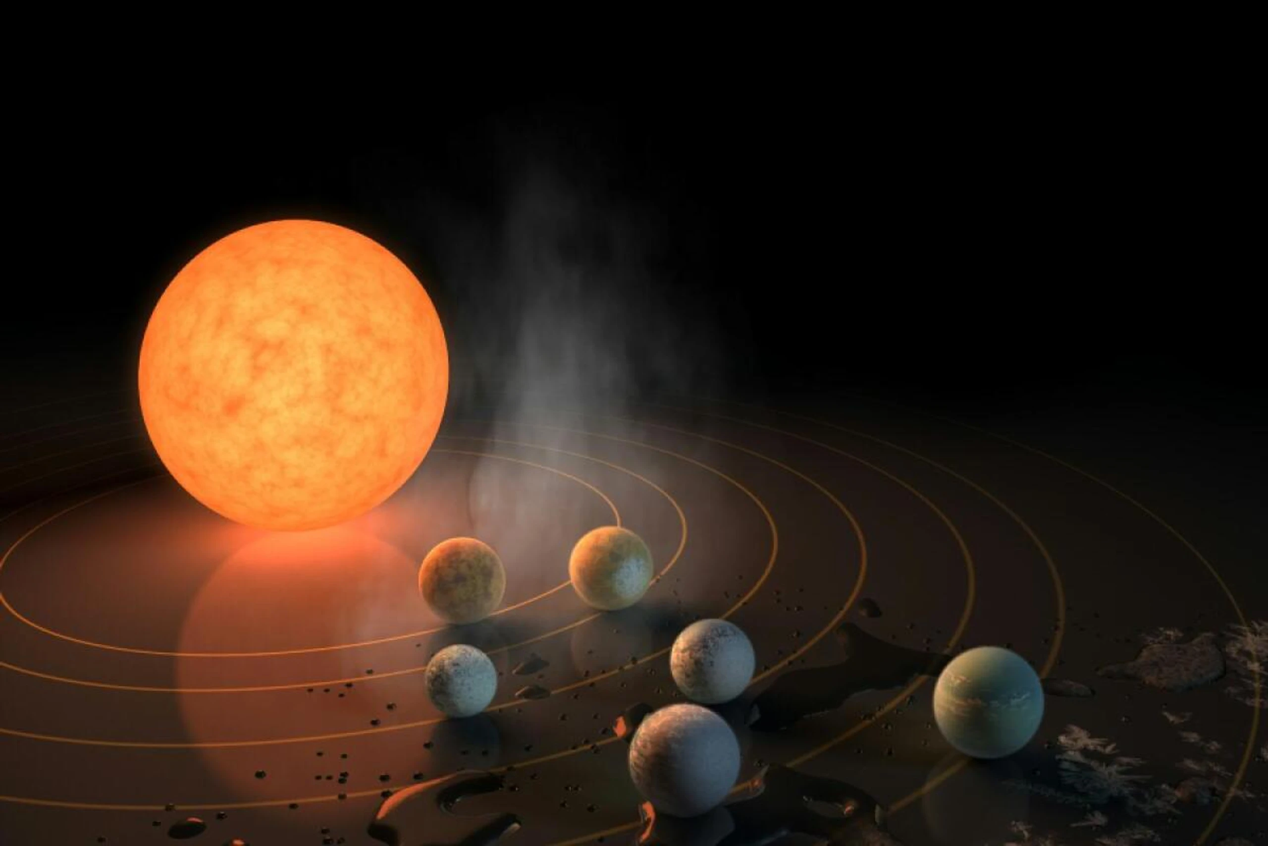 Künstlerische Darstellung von TRAPPIST-1 und seinen Planeten