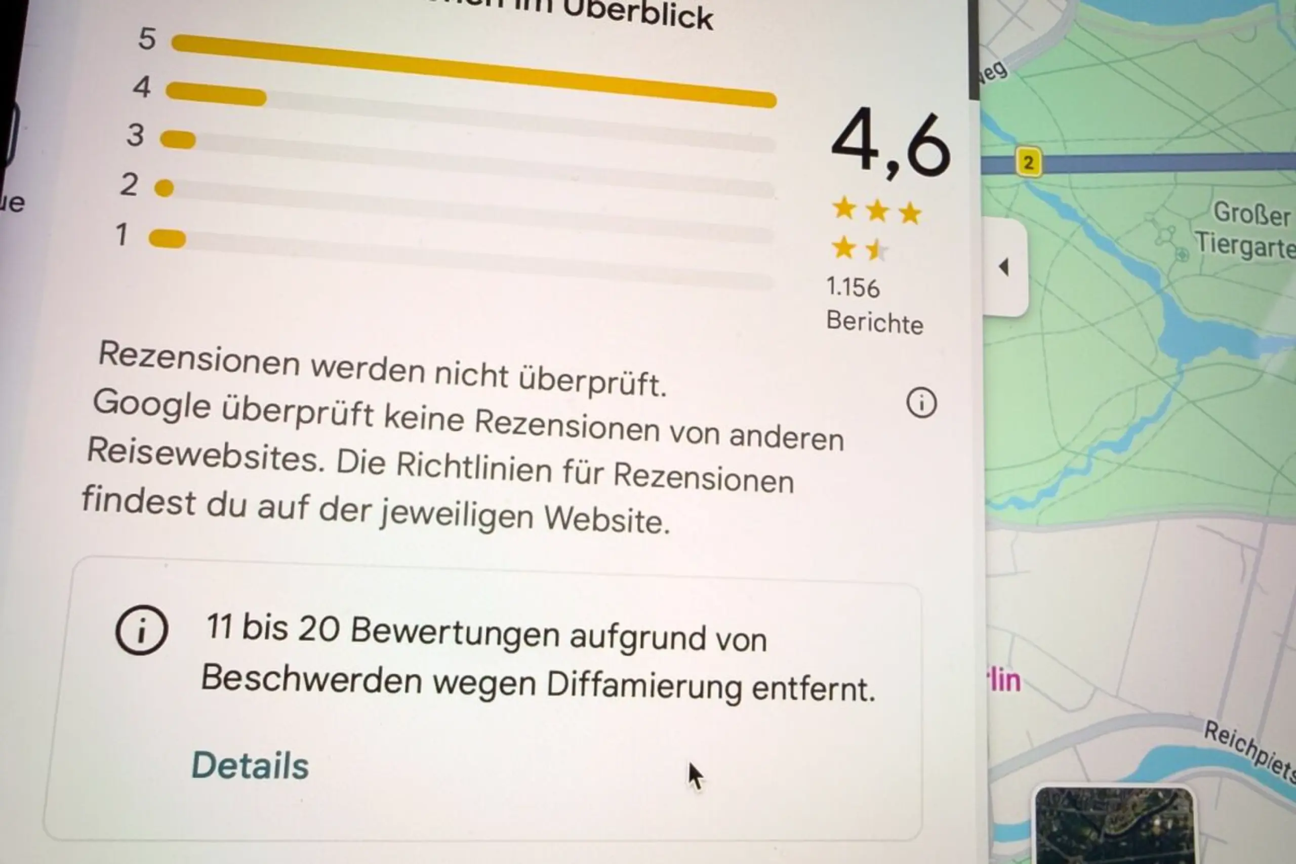 So sieht der Hinweis von Google bei gelöschten Rezensionen aus