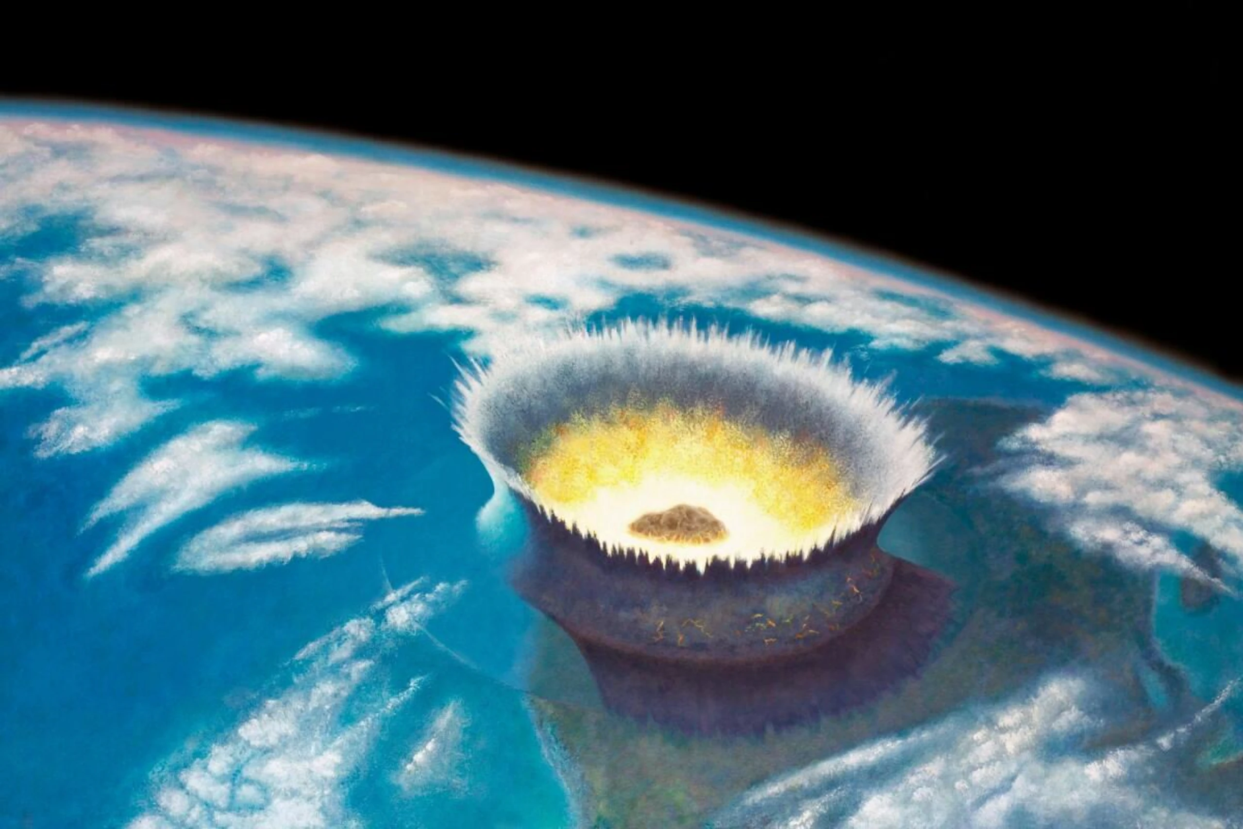 Künstlerische Darstellung des Chicxulub-Einschlags (Ölbild von Dona Jalufka, 1994/2005)